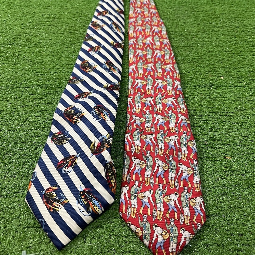 Vintage Fishing Tie (2) Fly Fishing Lures Silk Ties Lands End 90s Fisherman